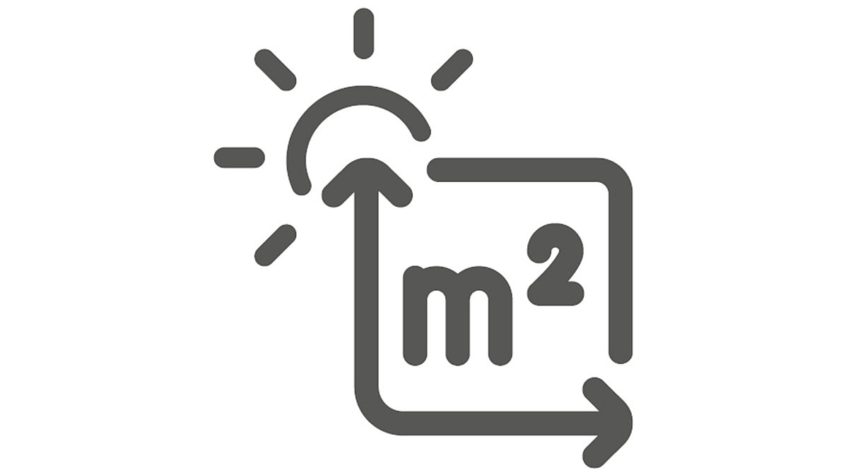 Anpassung der Belichtungsfläche Symbol mit einer Sonne und einem Pfeil, der auf "m²" zeigt, das die Anpassung der Belichtungsfläche darstellt