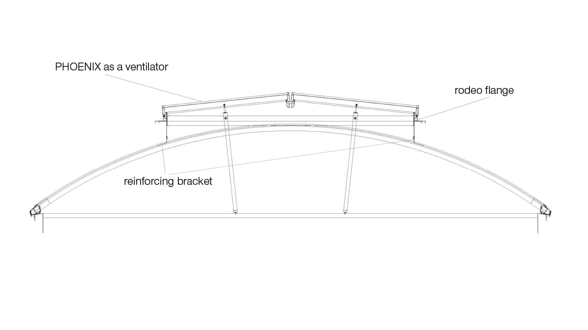 Technical drawing of a curved skylight with PHÖNIX ventilation unit, radius flange, and stiffening angle.